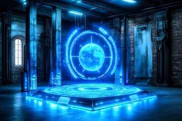 Futuristic Digital Interface with Holographic Globe and High-Tech Elements in an Industrial Space, Highlighting Innovation and Technology Concepts