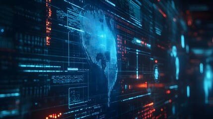 Futuristic Digital World Map Visualization with Data Overlays and Network Connections in a High-Tech Environment