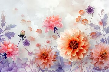 Peach and pink dahlias and wildflowers on a watercolor background.