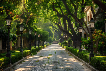 Obraz premium Serene Urban Avenue with Tree Canopy and Cobblestone Road Lined with Historic Architecture