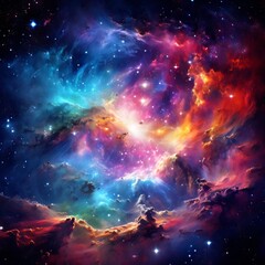 Fototapeta premium A mesmerizing view of a cosmic nebula, showcasing swirling clouds of gas and dust illuminated by brilliant stars. The vibrant colors blend together, creating a captivating sense of mystery and space