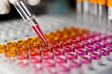 Scientist handling colorful liquid samples in laboratory setting