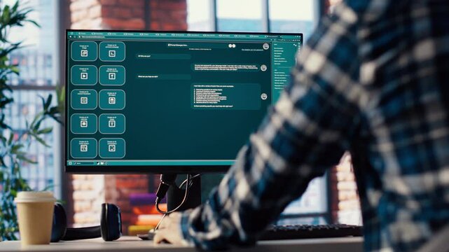 Man at home asking questions to AI LLM chatbot virtual assistant answering user prompts. Person receiving helpful information from artificial intelligence large language model program on PC, camera B