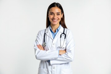Fototapeta premium Confident Young Female Doctor Smiling in White Coat with Stethoscope, Perfect for Medical Website or Healthcare Branding