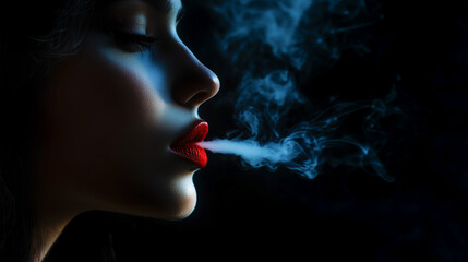 cropped profile of sexy woman with red lips exhaling cigarette smoke on black background with neon lighting of night club with copy space.