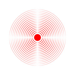 Pain localization icon. Red concentric circles. Ache, sore or inflammation symbol. Pulse or headache sign. Shockwave, radar, sonar wave or sound signal pictogram. Vector flat illustration.