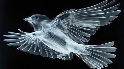 X-ray of a bird in flight, showcasing its skeletal structure and wingspan against a black background.