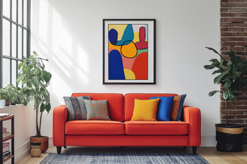 cozy living room with red sofa, colorful pillows, large window, and vibrant abstract framed artwork