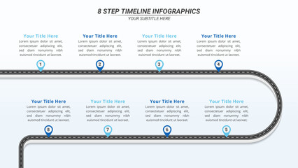 8 Steps Infographic Timeline with Editable Text on a 16:9 Layout for Business Presentation, Poster, Banner and Booklet.