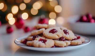 delicious cherry thumbprint cookies stacked on a white plate with festive christmas lights in background