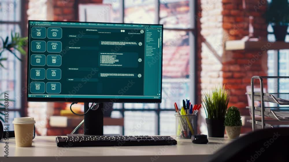 Aufkleber ai llm chatbot software interface on pc in home office showing virtual assistant answering prompts. 