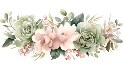 Elegant floral arrangement with blush pink magnolias and sage green roses, eucalyptus, and berries.