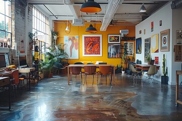 Spacious, industrial-style office with yellow walls, mid-century modern furniture, and artwork.