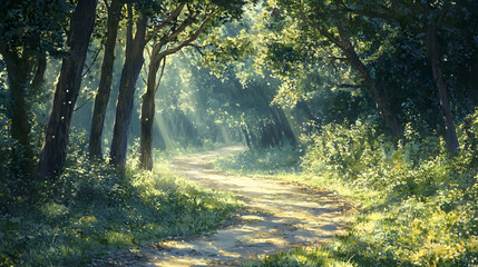 Obraz premium Tranquil Byway Through Lush Green Landscape: A Serene Escape into Nature