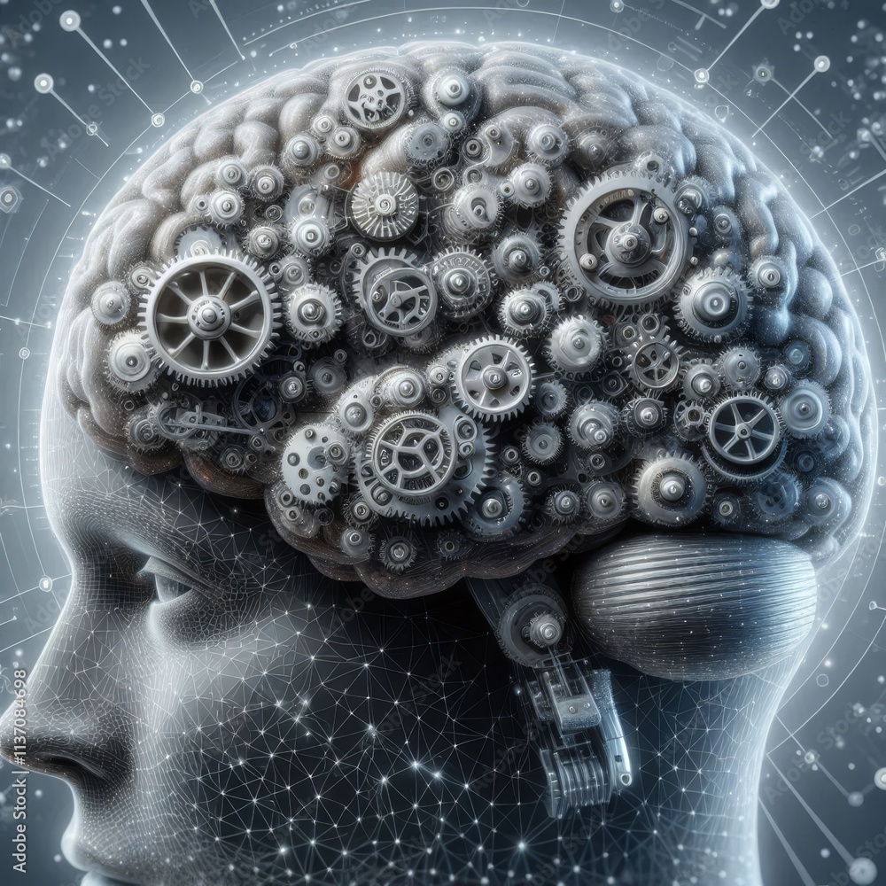 Poster a close-up of a mechanical brain made up of gears and metal cogs, interconnected with neural network