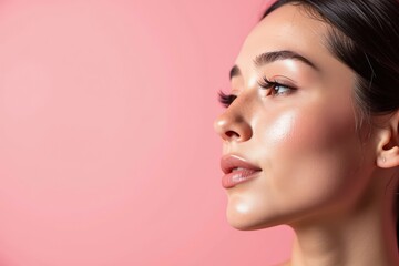 Fototapeta premium Elegant Woman with Radiant Skin and Long Eyelashes on a Soft Pink Background, Perfect for Cosmetic and Beauty Product Advertisements