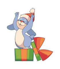 Christmas bunny jumping from gift