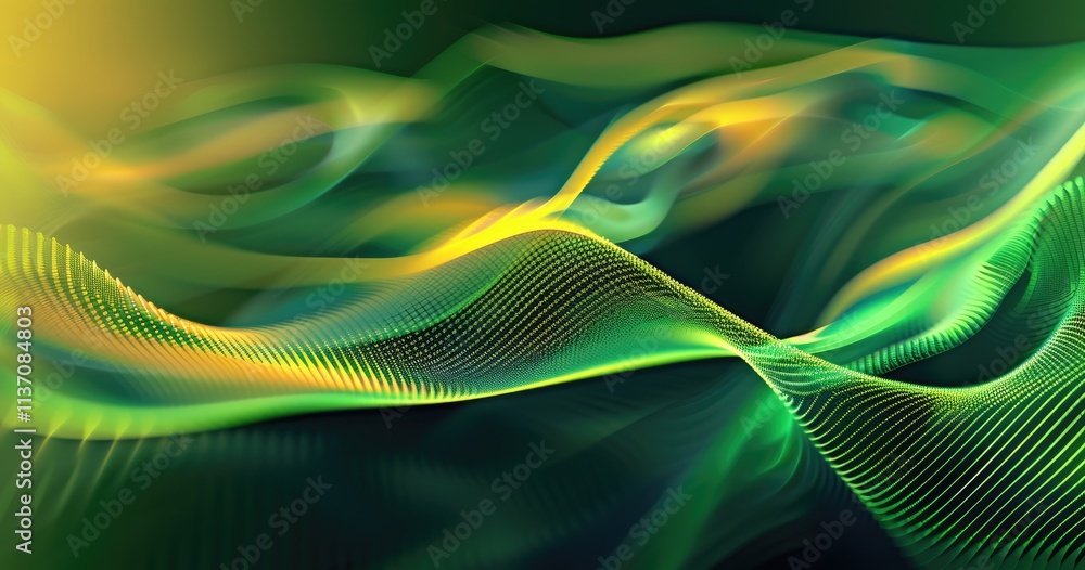 Poster abstract waves in green and yellow, creating a dynamic, fluid visual effect.