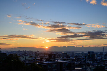 都市の夜明け。神戸岡本の高台より市街地をのぞむ
