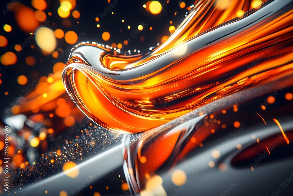Poster stunning abstract composition of fluid orange and silver waves with glittering particles in a high-r