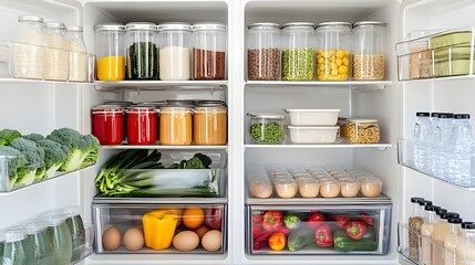 Open Refrigerator with Organized Food Containers.