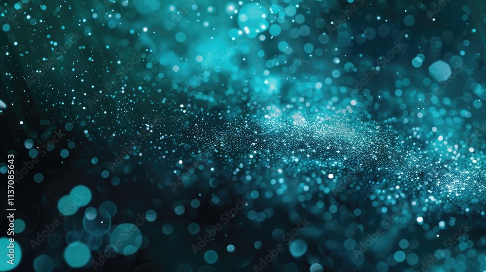 Poster abstract representation of cosmic dust and particles in a teal color scheme.
