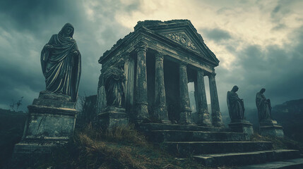 A weathered shrine with statues eroded by the wind, the sacred space now lost to time.