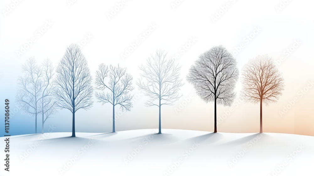 Poster bare tree silhouettes grouped in clean geometric layouts, subtle gradients add depth