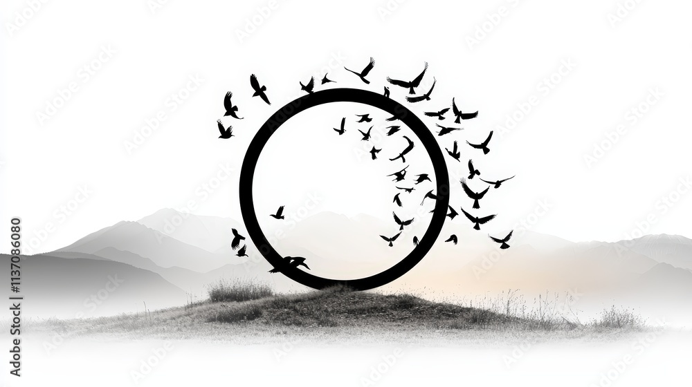 Poster bird silhouette vectors in an artistic circular pattern, emphasizing clean lines on a white canvas.
