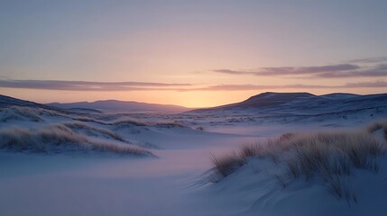 Fototapeta premium Winter Sunset Over Snow Covered Dunes and Mountains