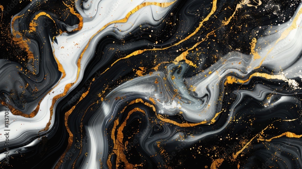 Poster abstract swirling patterns in black, white, and gold, creating a luxurious visual effect.