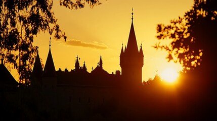 Fototapeta premium Castle Silhouette Sunset Golden Hour Scenic View