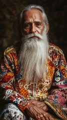 Fototapeta premium Elderly Man with Long White Beard Colorful Clothing Portrait