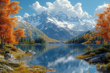 Obraz premium Autumnal Lake Snow Capped Mountains Scenic Landscape Fall Foliage