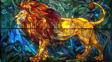 Stained Glass Lion in a Jungle Setting