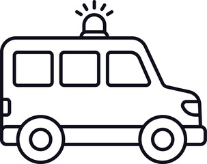 Ambulance or police van with flashing roof light, black and white line icon. Simple cartoon style. Vector clip art illustration.