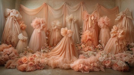 Peach Tulle Dresses and Flowers in Romantic Setting