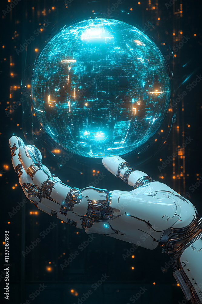 Poster robotic hand holding a glowing orb symbolizing the future of artificial intelligence and technology 