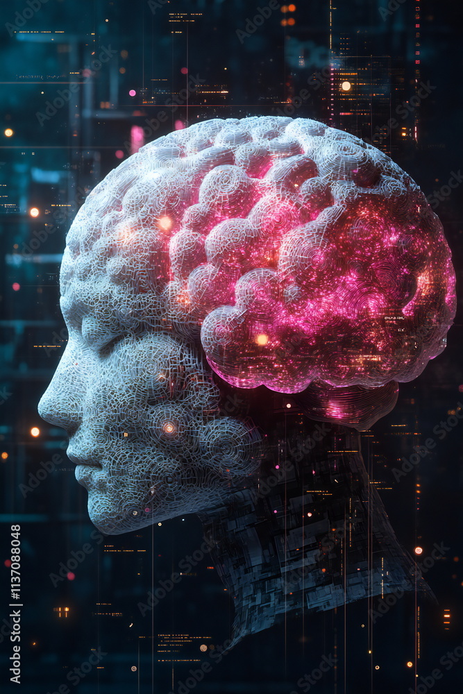 Poster exploring the intersection of artificial intelligence and human cognition in a futuristic digital la