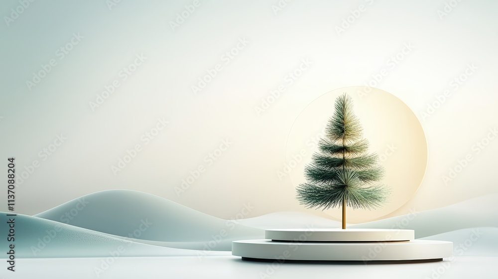 Poster minimalist evergreen tree silhouette with a geometric podium, clean lines and a subtle gradient back