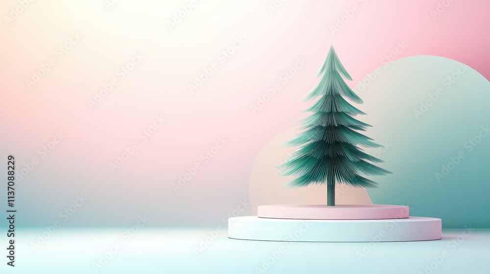 Poster minimalist evergreen tree silhouette with a geometric podium, clean lines and a subtle gradient back