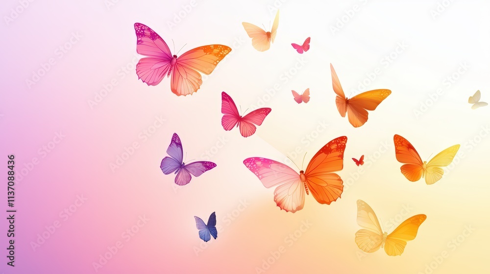 Poster multiple cute butterfly silhouettes in intricate and simplified styles scattered across a gradient b