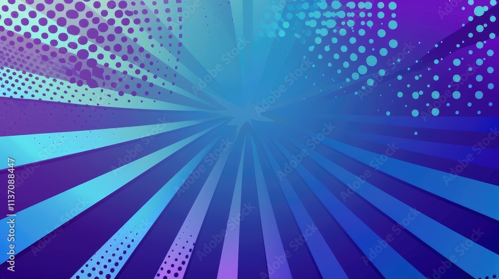 Poster a vibrant abstract background with radial lines and dotted patterns in blue and purple hues.