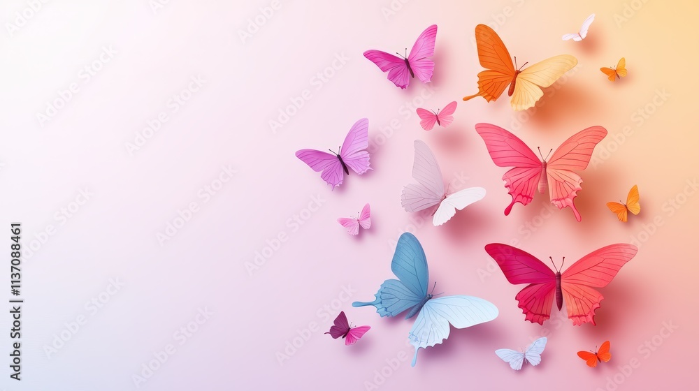 Poster multiple cute butterfly silhouettes in intricate and simplified styles scattered across a gradient b