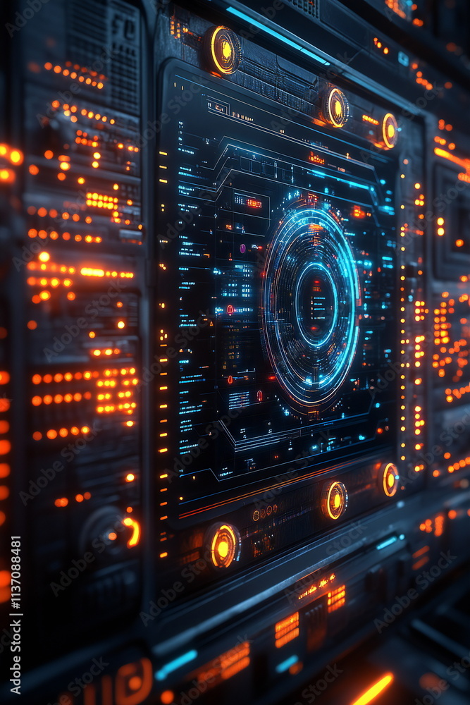 Poster futuristic digital interface showcasing advanced artificial intelligence technology in a vibrant col