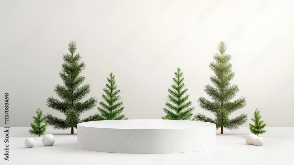 Poster multiple evergreen tree silhouettes arranged symmetrically around a modern podium, soft gradient bac