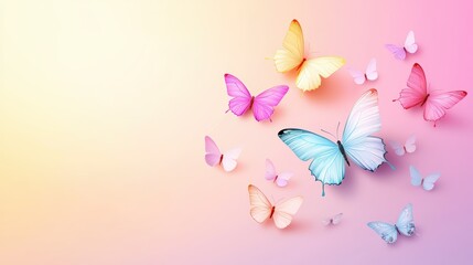 Multiple cute butterfly silhouettes in intricate and simplified styles scattered across a gradient background.