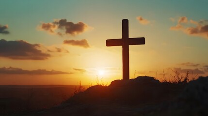 Silhouette Cross Sunset Hilltop Landscape