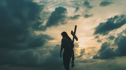 Silhouetted Man Carries Cross Under Dramatic Sky