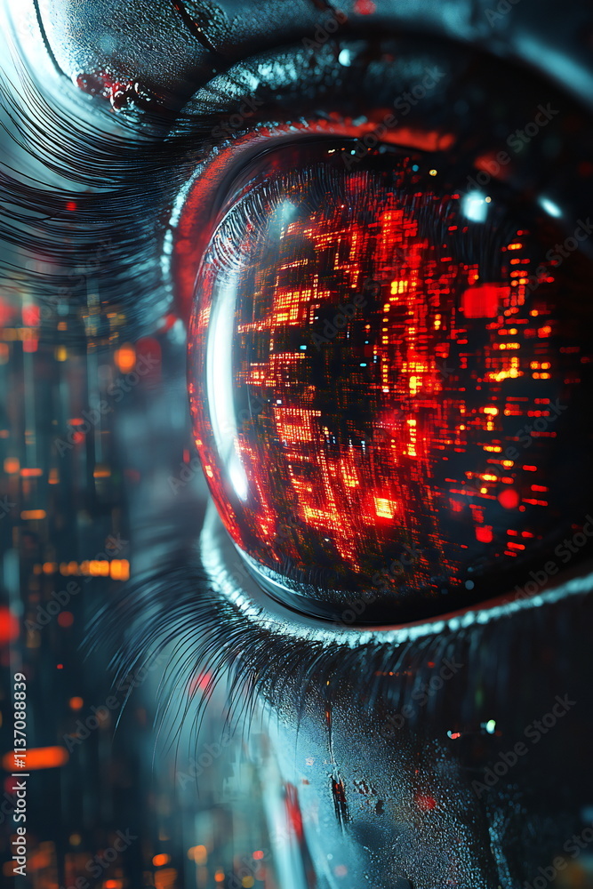 Poster exploring the intricate design of an artificial intelligence eye with a vibrant digital landscape